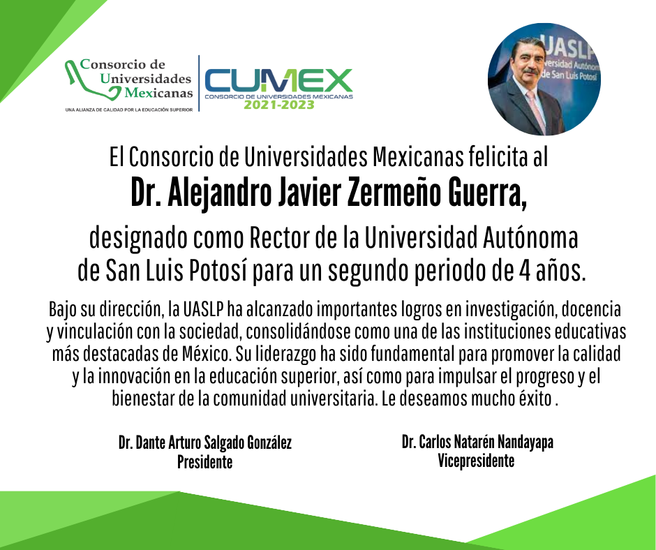 El Consorcio de Universidades Mexicanas felicita al Lic. Guillermo Narváez Osorio, reelecto para el periodo 2024-2028 como Rector de la Universidad Juárez Autónoma de Tabasco. 